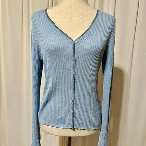 Vintage The Limited Pale Blue Ribbed Cardigan with Silver Contrast Tipping